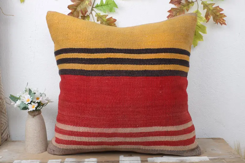 Turkish Kilim Pillow, Pillow Case, Boho Pillow Sham Cover, Kilim Cushion Sham, Shabby Chic Pillow Sham, 20x20 Yellow Cushion Cover - 2