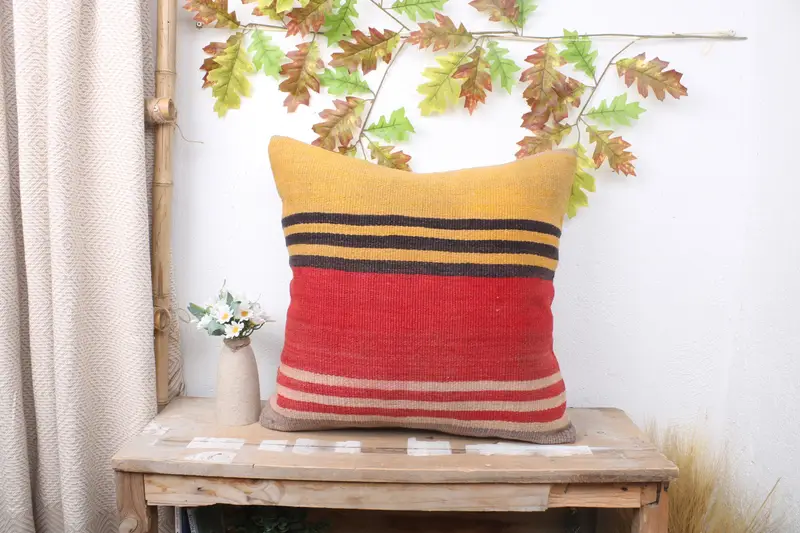 Turkish Kilim Pillow, Pillow Case, Boho Pillow Sham Cover, Kilim Cushion Sham, Shabby Chic Pillow Sham, 20x20 Yellow Cushion Cover - 1