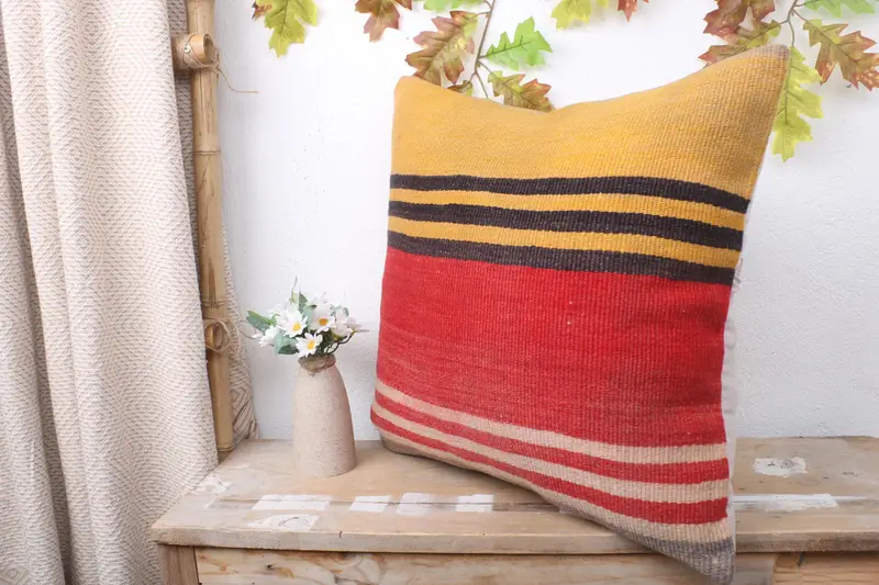 Turkish Kilim Pillow, Pillow Case, Boho Pillow Sham Cover, Kilim Cushion Sham, Shabby Chic Pillow Sham, 20x20 Yellow Cushion Cover - 4