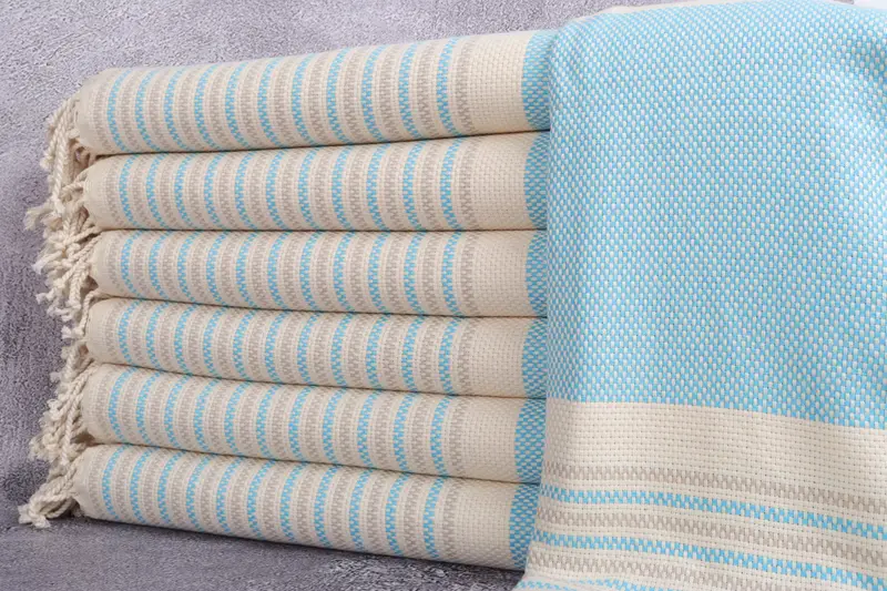 Organic Towel, Personalized Geometric Peshtemal, Turquoise and Beige, 40x71 Inches