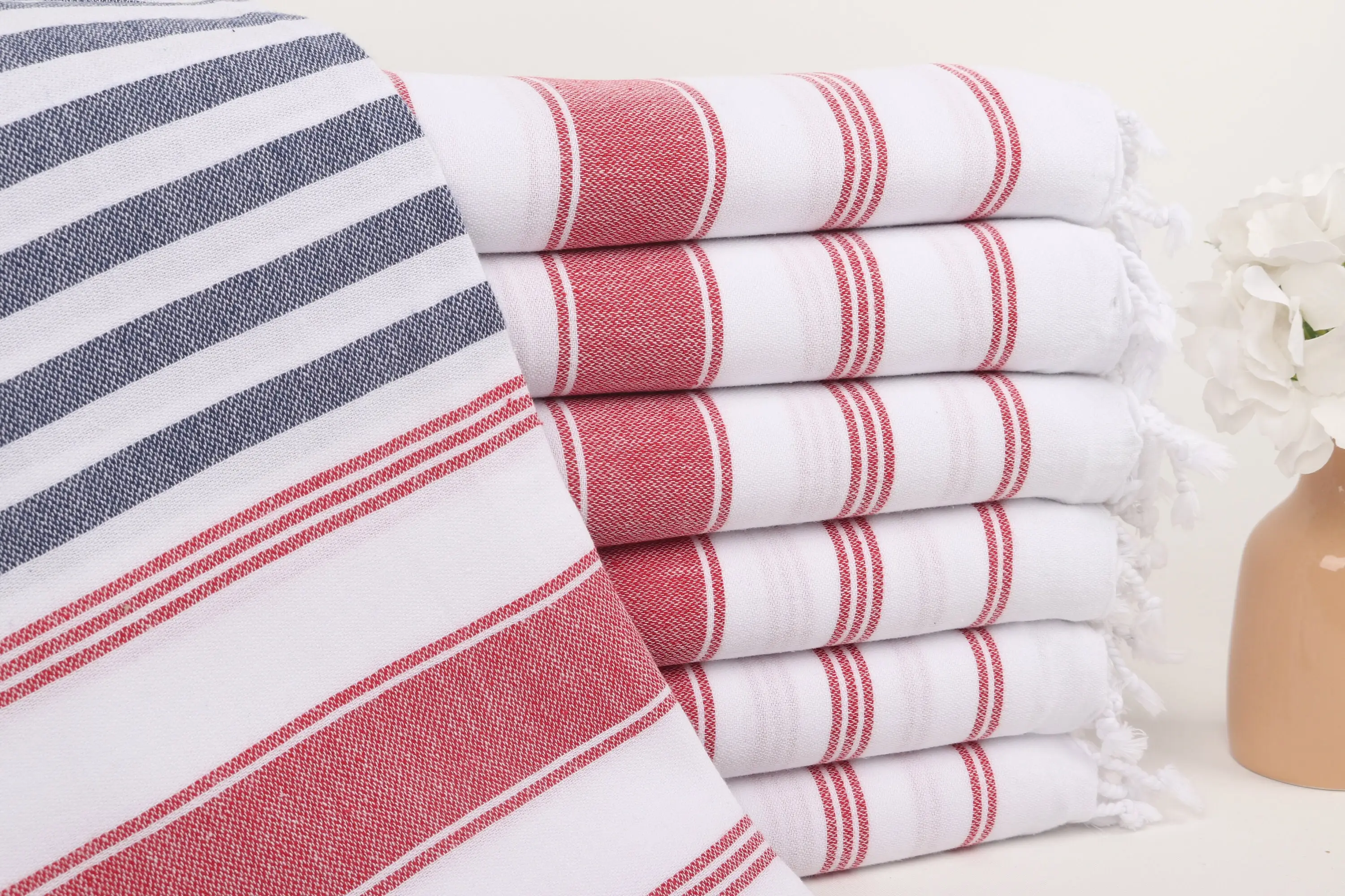 Turkish Beach Towel Navy Blue-Red Striped, 40x71 Inches - 1