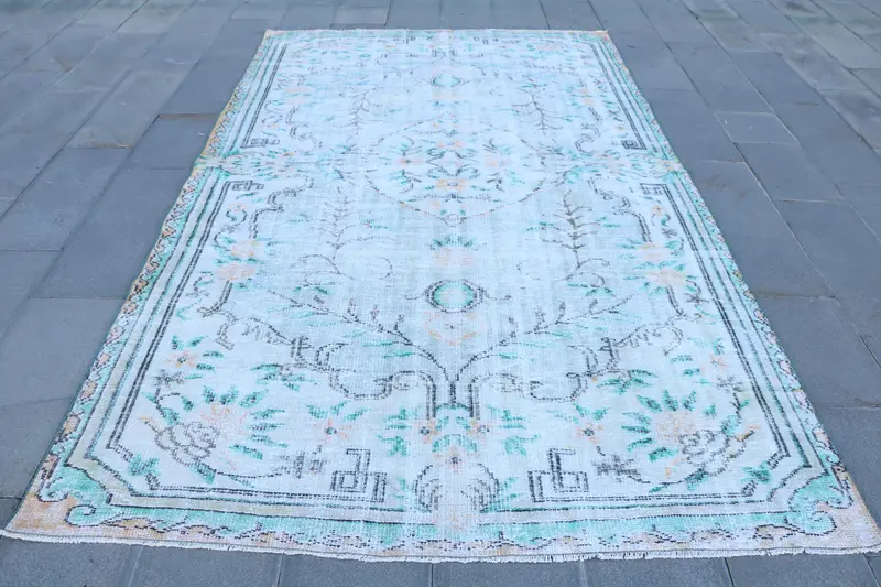 Alfombra turca vintage 6,1x10,2 pies (185x312 cm), alfombra azul blanca Oushak - 1