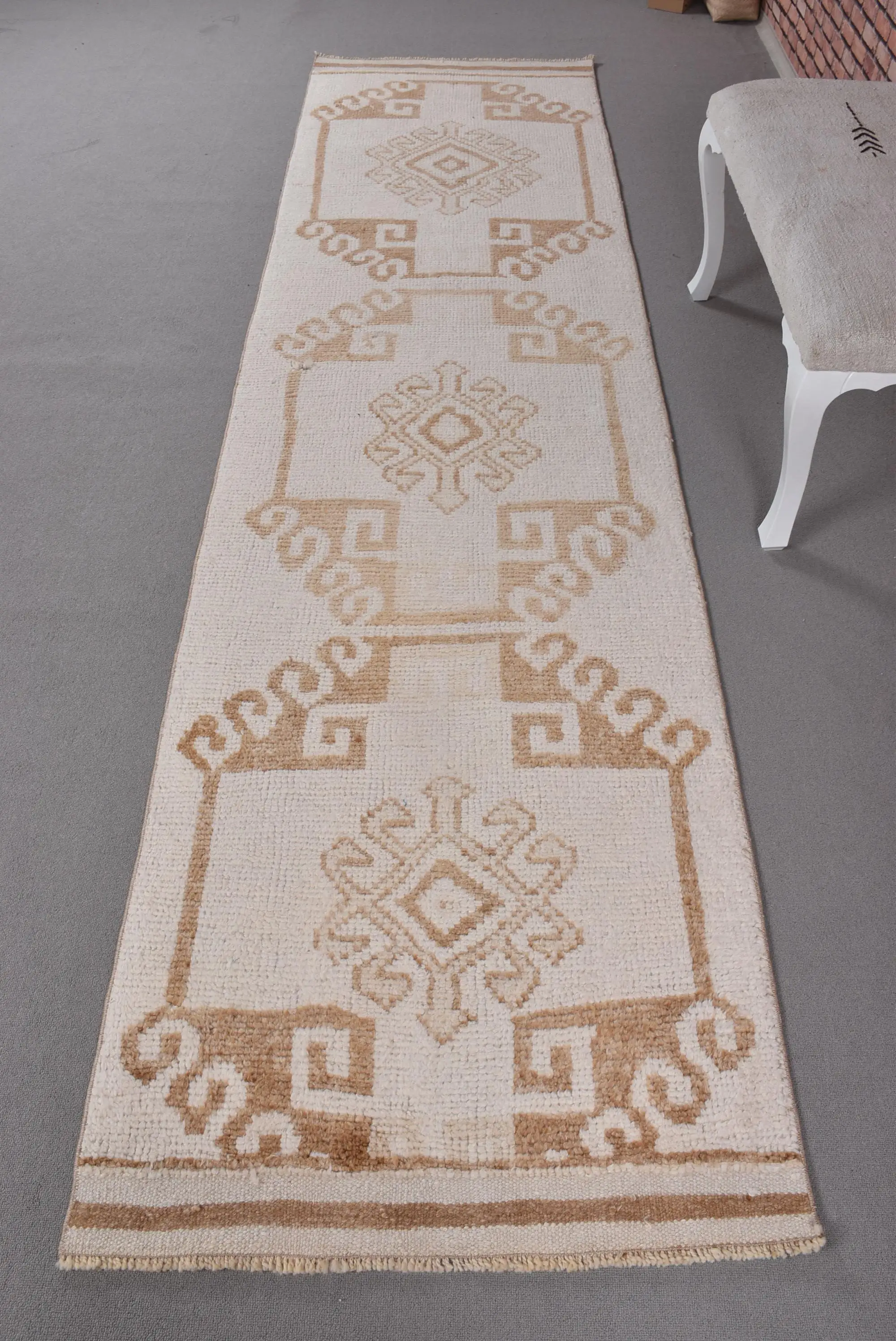 Vintage Rug, 2.8x11 ft Runner Rug, White Animal Print Wool Turkish Rug - 1