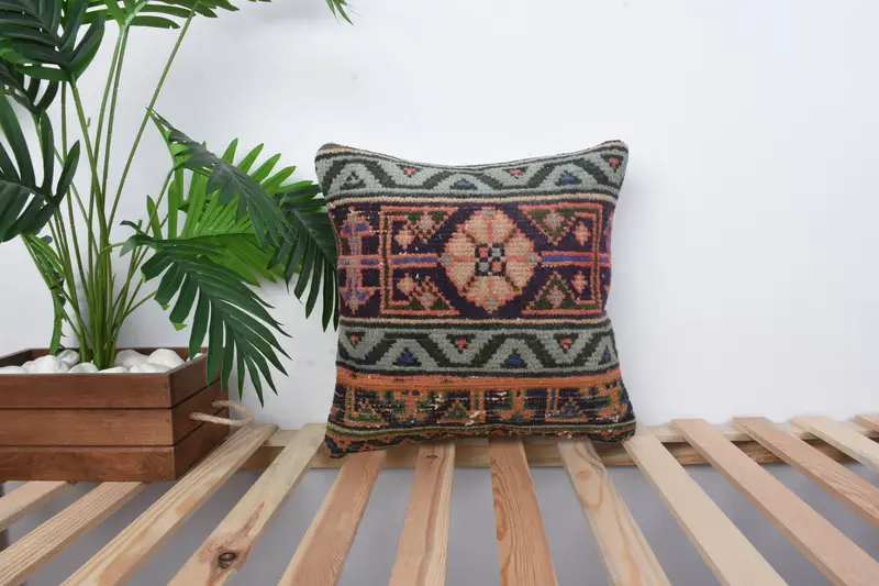 Bolster Throw Cushion Case, Vintage Pillow, Turkish Pillow, Comfy Throw Cushion, 16x16 Green Pillow Case, Antique Pillows, Cushion Cover - 1