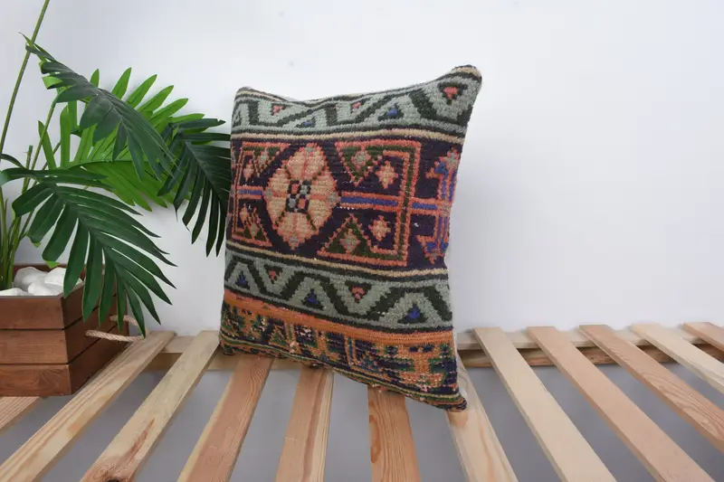 Bolster Throw Cushion Case, Vintage Pillow, Turkish Pillow, Comfy Throw Cushion, 16x16 Green Pillow Case, Antique Pillows, Cushion Cover - 5