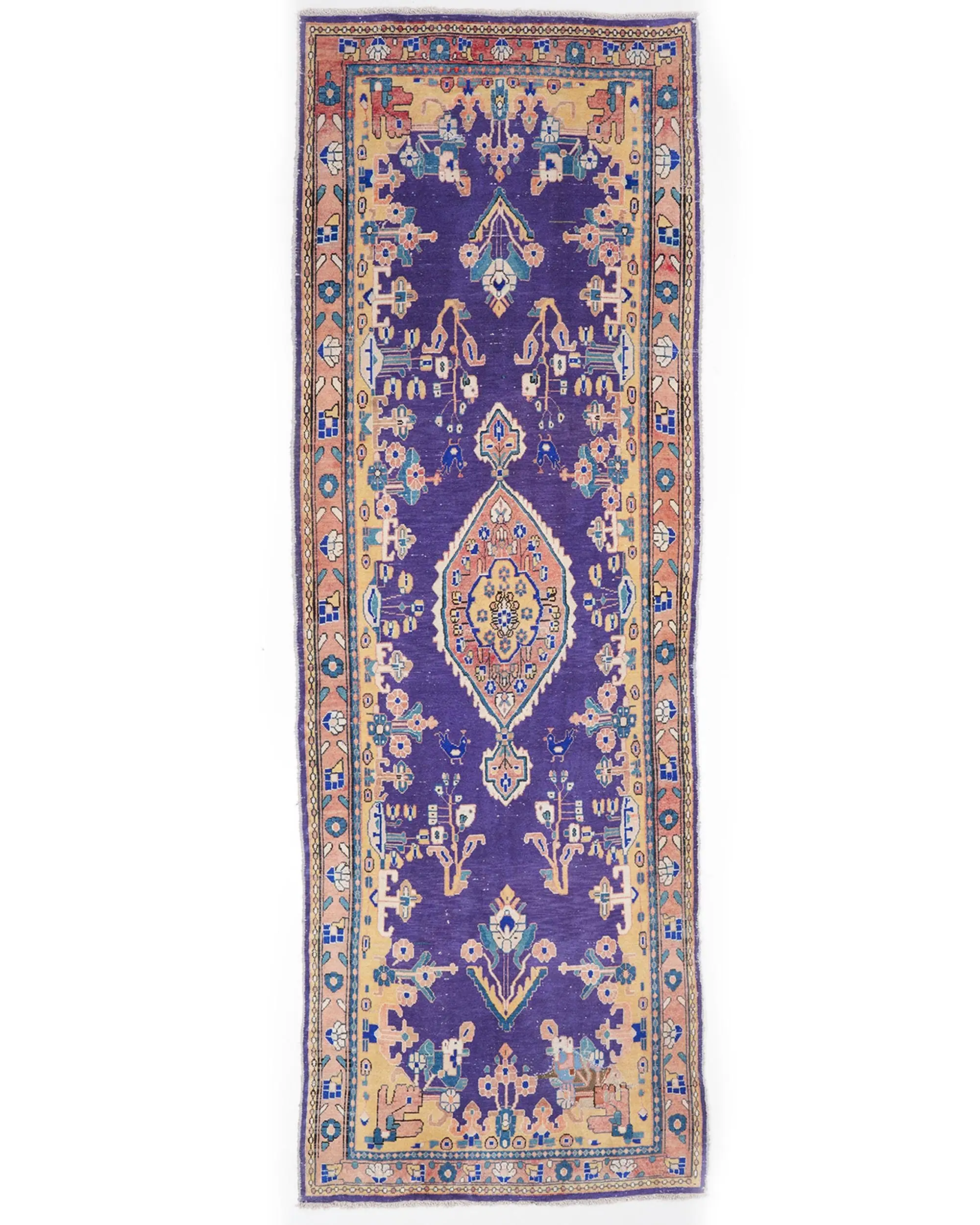 Vintage Runner Rug 3.5x10.4 ft, Blue Orange Plants & trees Rug Wool - 1