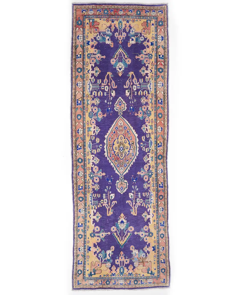 ブルー & イエロー ラグ、3.5x10.4 フィート ボタニカル デザイン