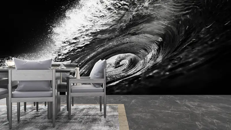 Zarif Siyah Beyaz Sörf Dalgası Baskılı Duvar Kağıdı