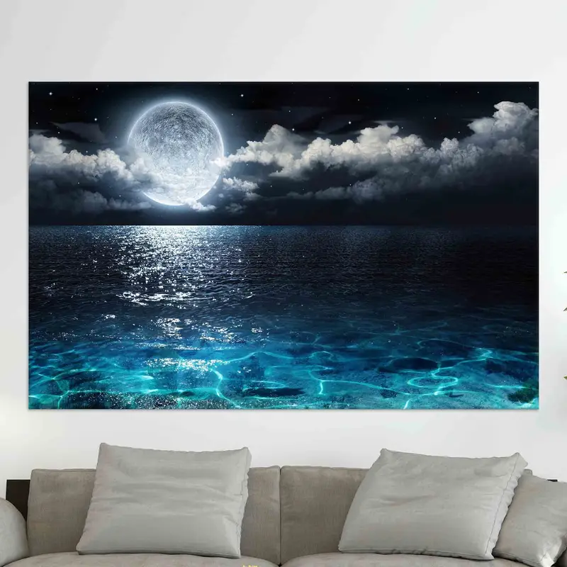 Modern Moon View Canvas: Trendy Sea And Moon Art Print