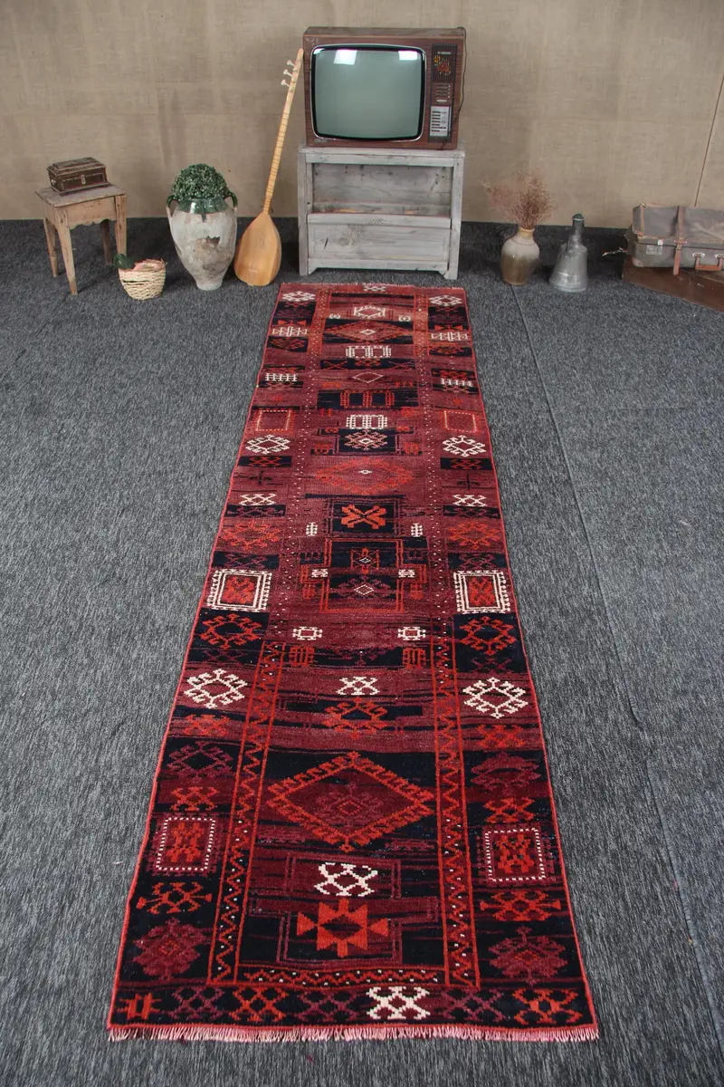 Turkish Vintage Rug, 3x11.2 ft Runner Rug, Red Black Striped Rug - 1