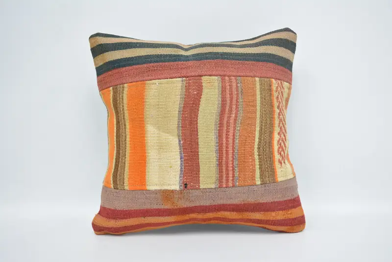 Turkish Pillow, Vintage Kilim Throw Pillow, 16x16 Orange Pillow, Handwoven Cushion Case, Wholesale Cushion, Vintage Kilim Pillow, Pillow Case - 1