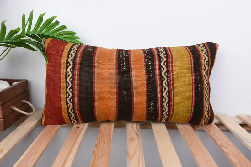 Antique Pillows, Boho Pillow, Pillow, Boho Chic Cushion Cover, Vintage Throw Cushion Cover, Kilim Pillow Cover, 12x24 Orange Cushion - 1
