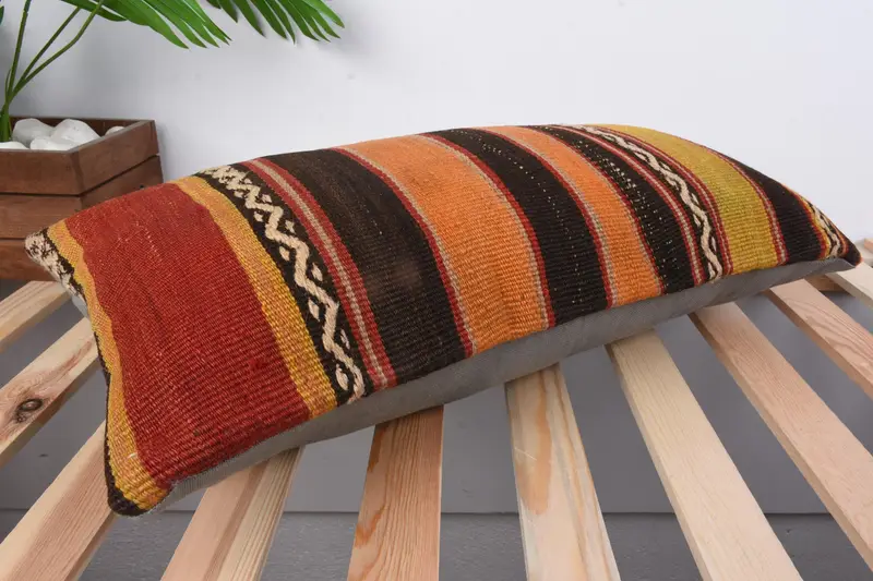 Antique Pillows, Boho Pillow, Pillow, Boho Chic Cushion Cover, Vintage Throw Cushion Cover, Kilim Pillow Cover, 12x24 Orange Cushion - 6