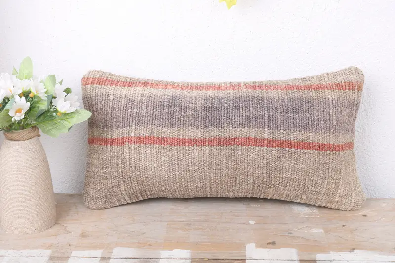 Handmade Rug Seat Cushion, Kilim Cushion Sham, Cushion Case, Pillow for Couch, Throw Kilim Pillow, Custom Cushion, 8x16 Beige Pillow - 2