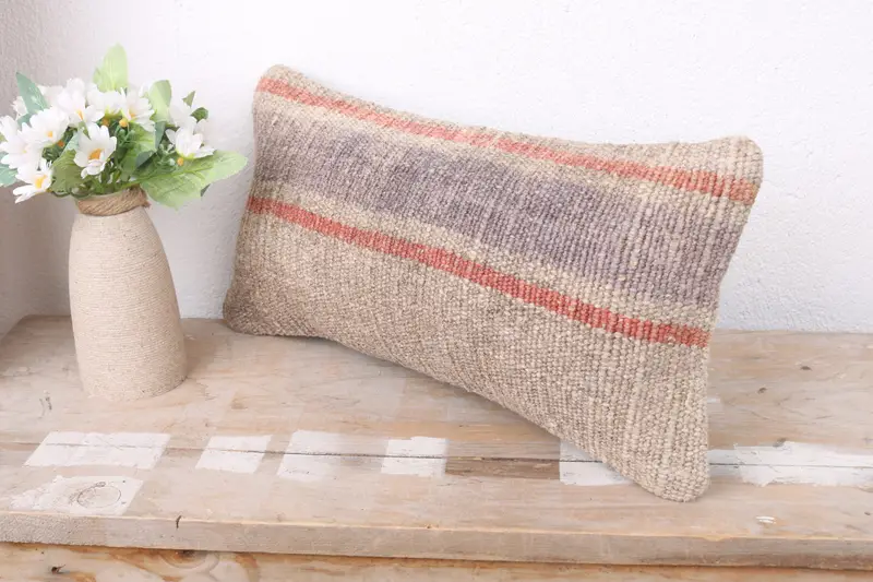 Handmade Rug Seat Cushion, Kilim Cushion Sham, Cushion Case, Pillow for Couch, Throw Kilim Pillow, Custom Cushion, 8x16 Beige Pillow - 4