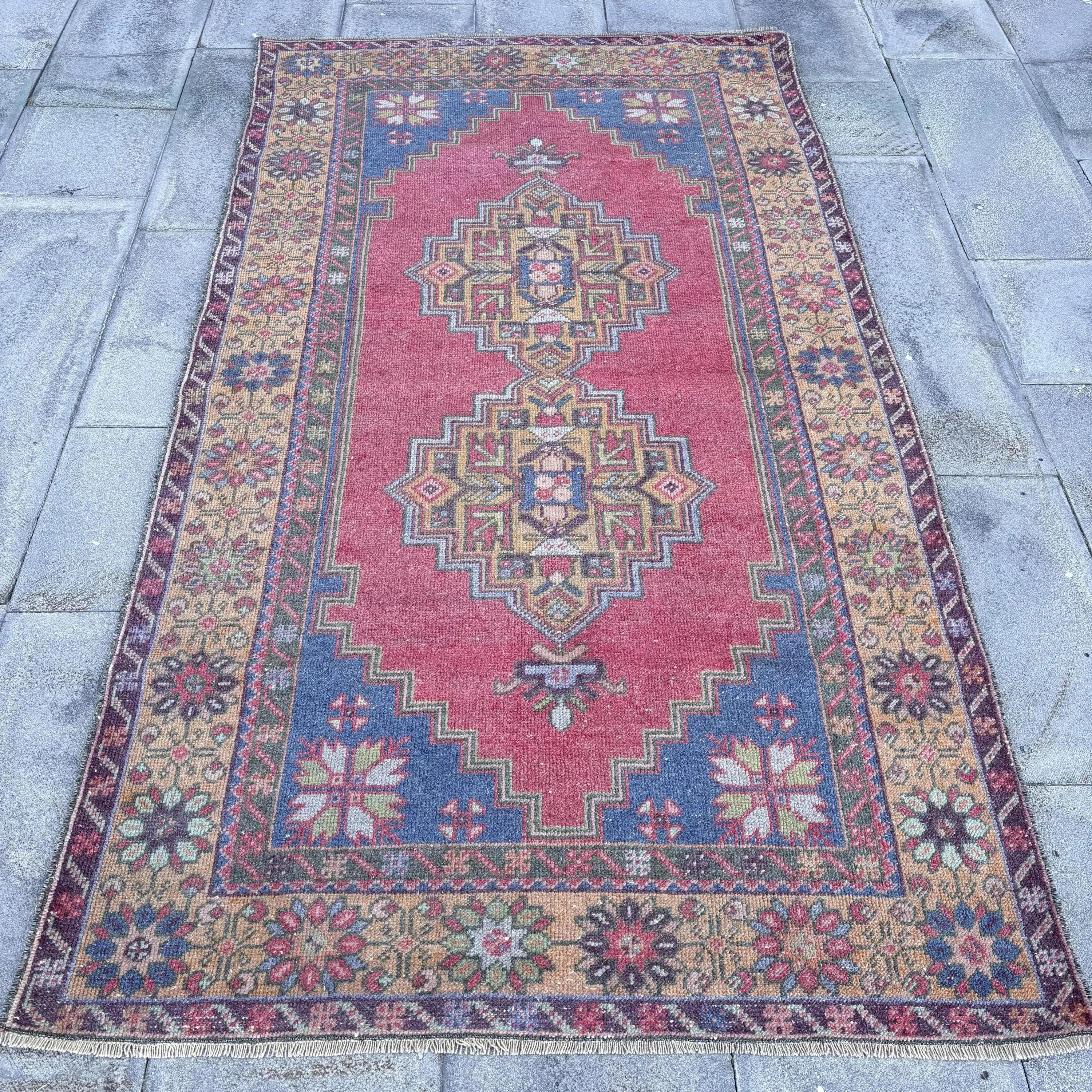 3,8x6,9 ft Vintage Teppich, türkischer Teppich, roter Tarnwollteppich - 1