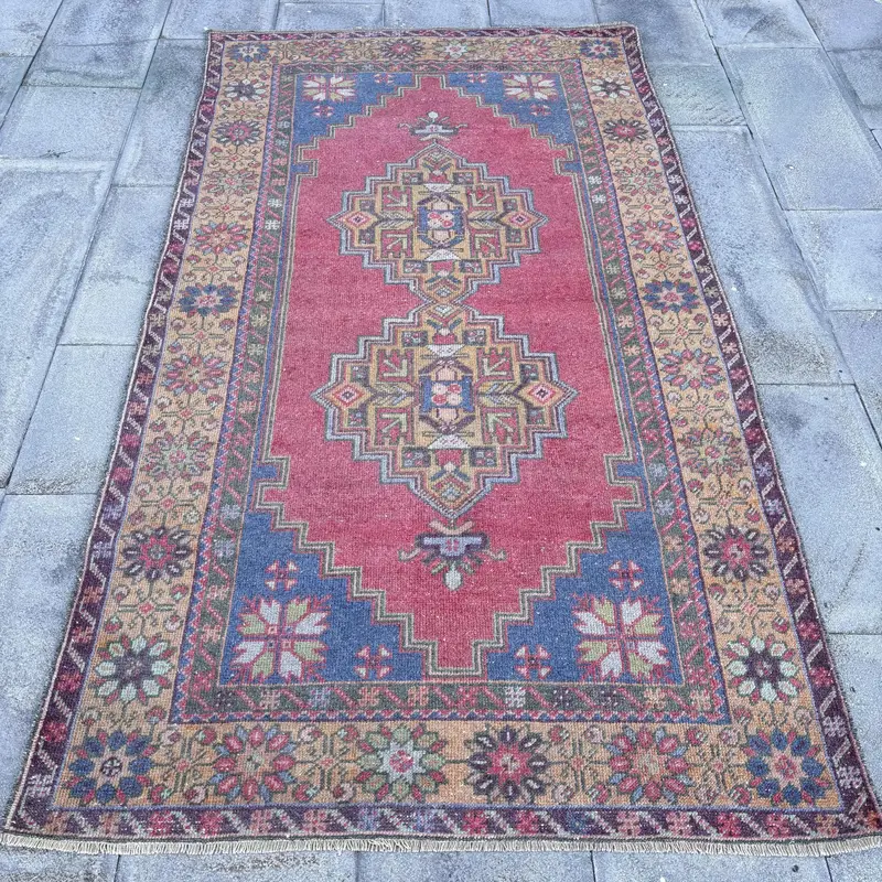 Roter, blauer Tarnteppich, 3,8 x 6,9 Fuß, schickes Dekor