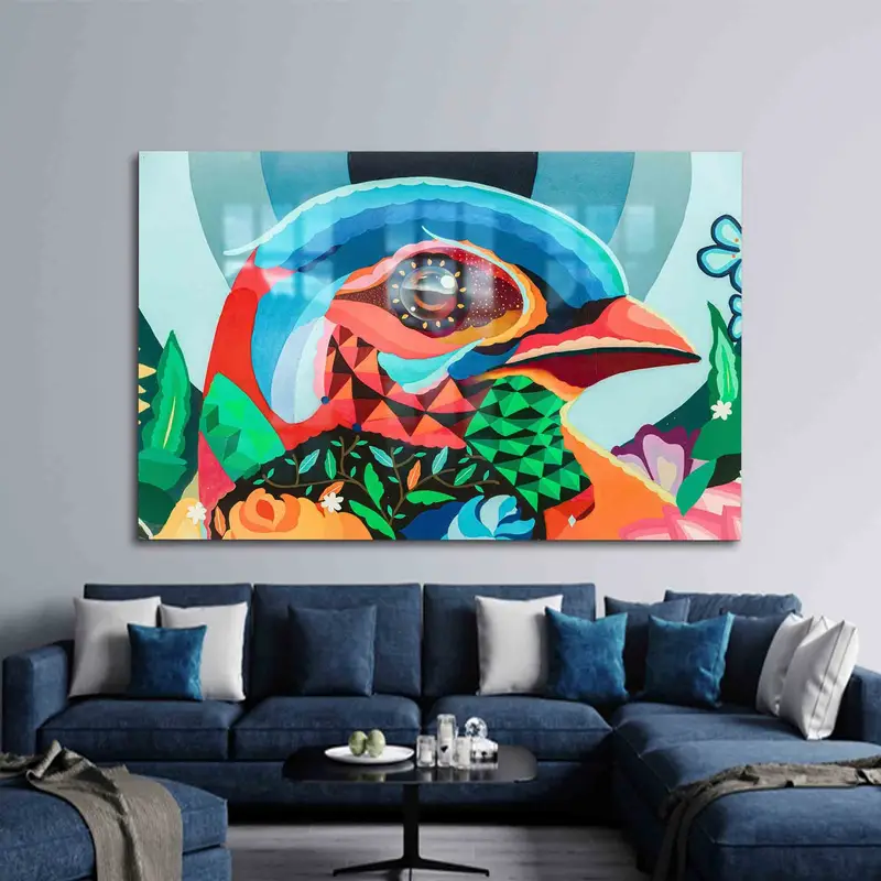 エレガントなプリントガラス: 抽象的なカラフルな鳥の落書きデザイン