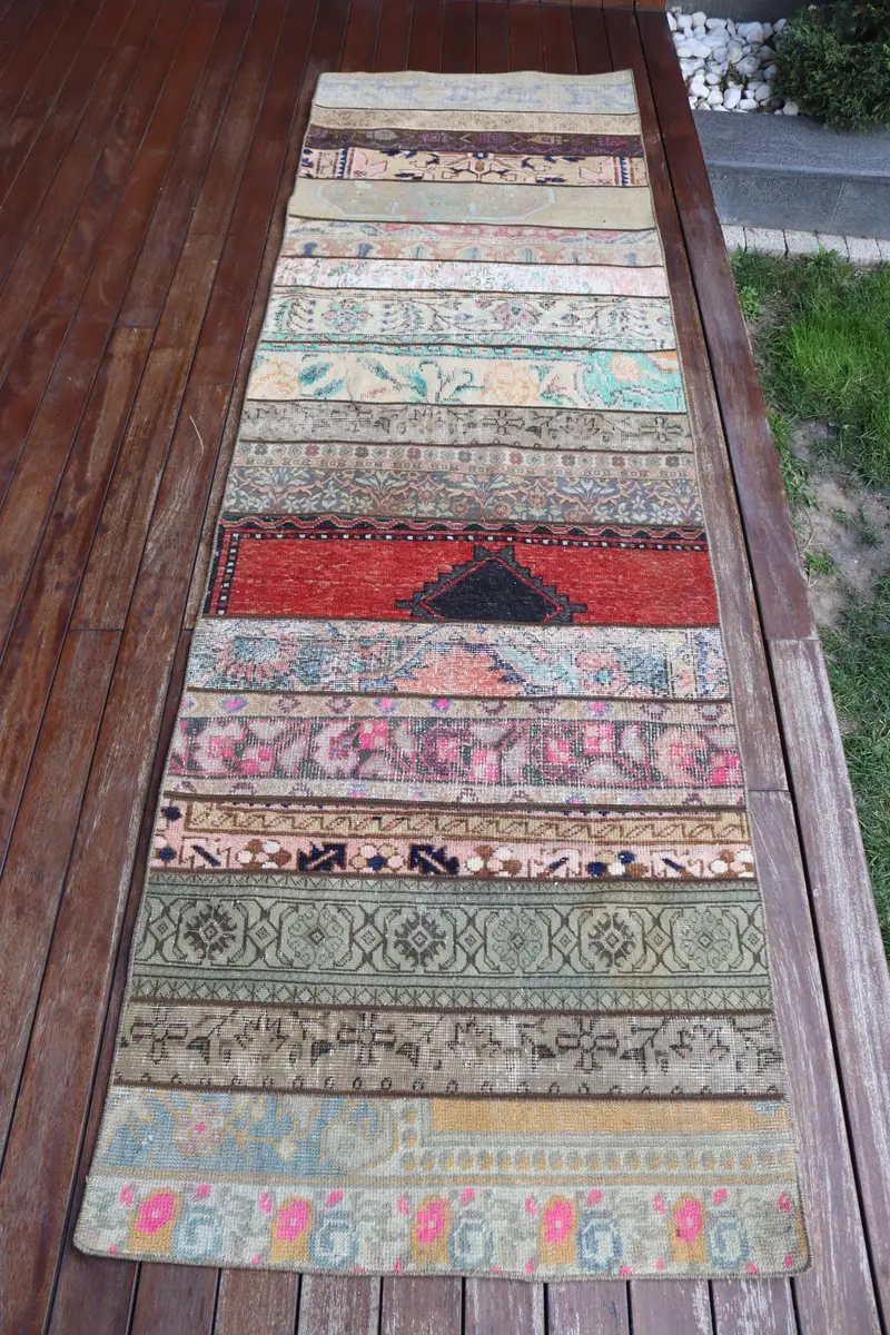 El Yapımı Yeşil Ombré Halı, Kırmızı Desenli 2,8x9,4 ft