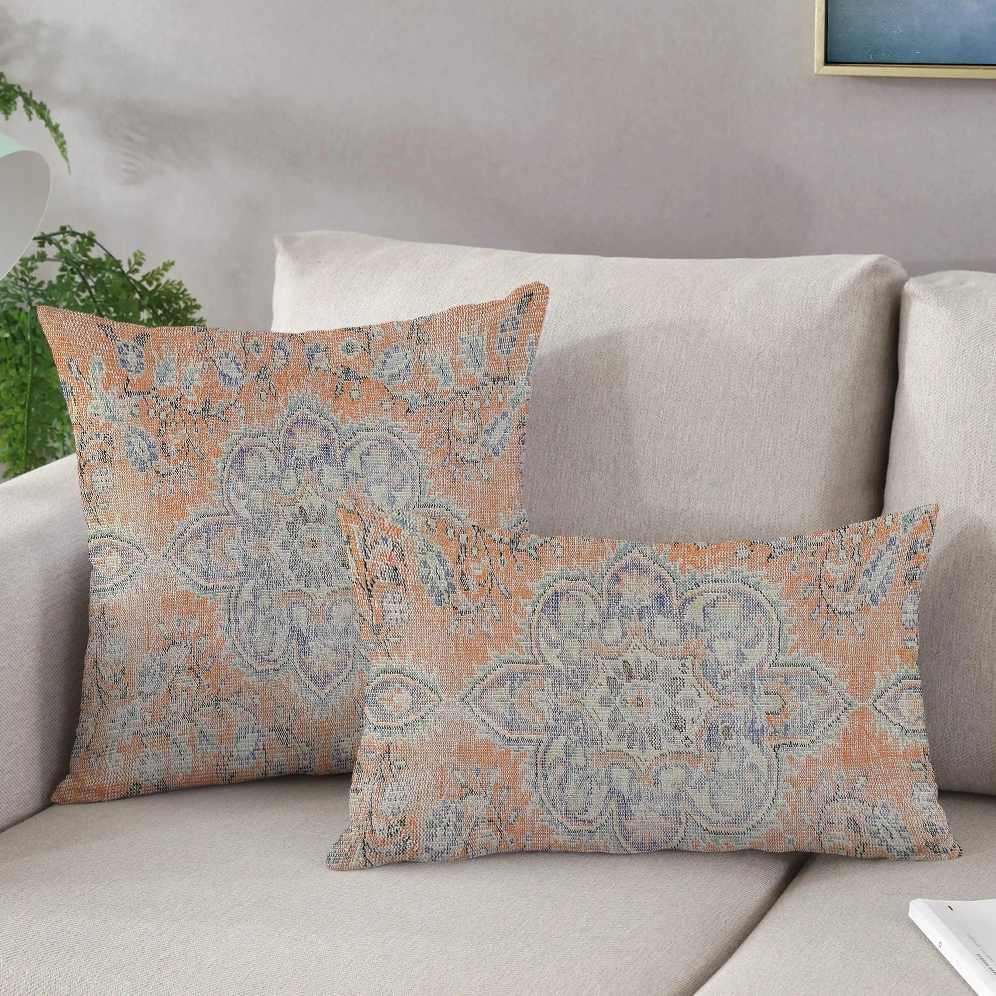 Vintage Turkish Decor Orange Printed Pillow, Custom Farmhouse Accent - 1