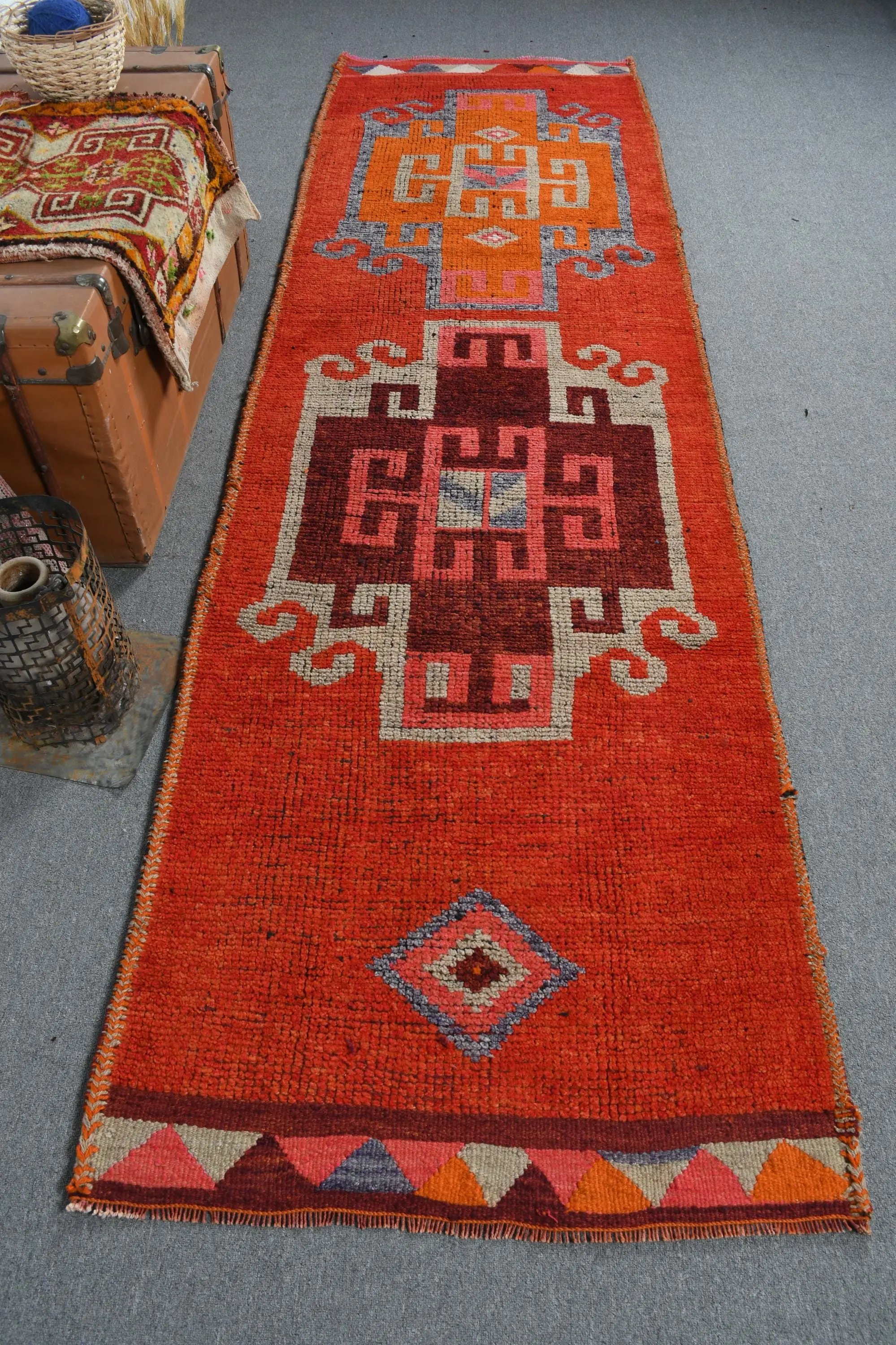 Turkish 3.1x10.6 ft Rug, Herki Vintage Rug, Red Wool Rug - 1