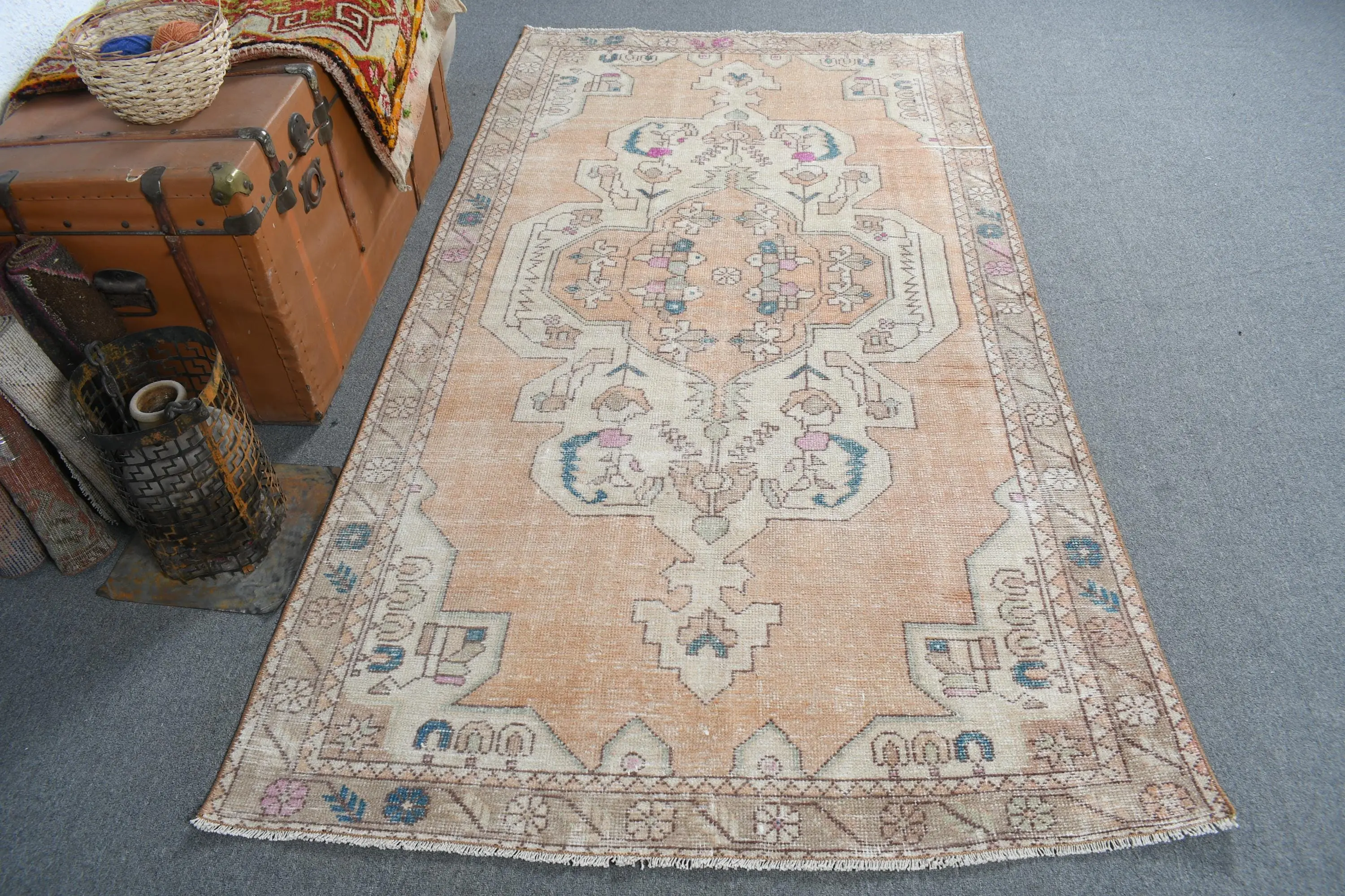 Vintage Türk Alan Halısı 4.2x7.4 ft, Kahverengi Mavi Güneybatı Halısı - 1