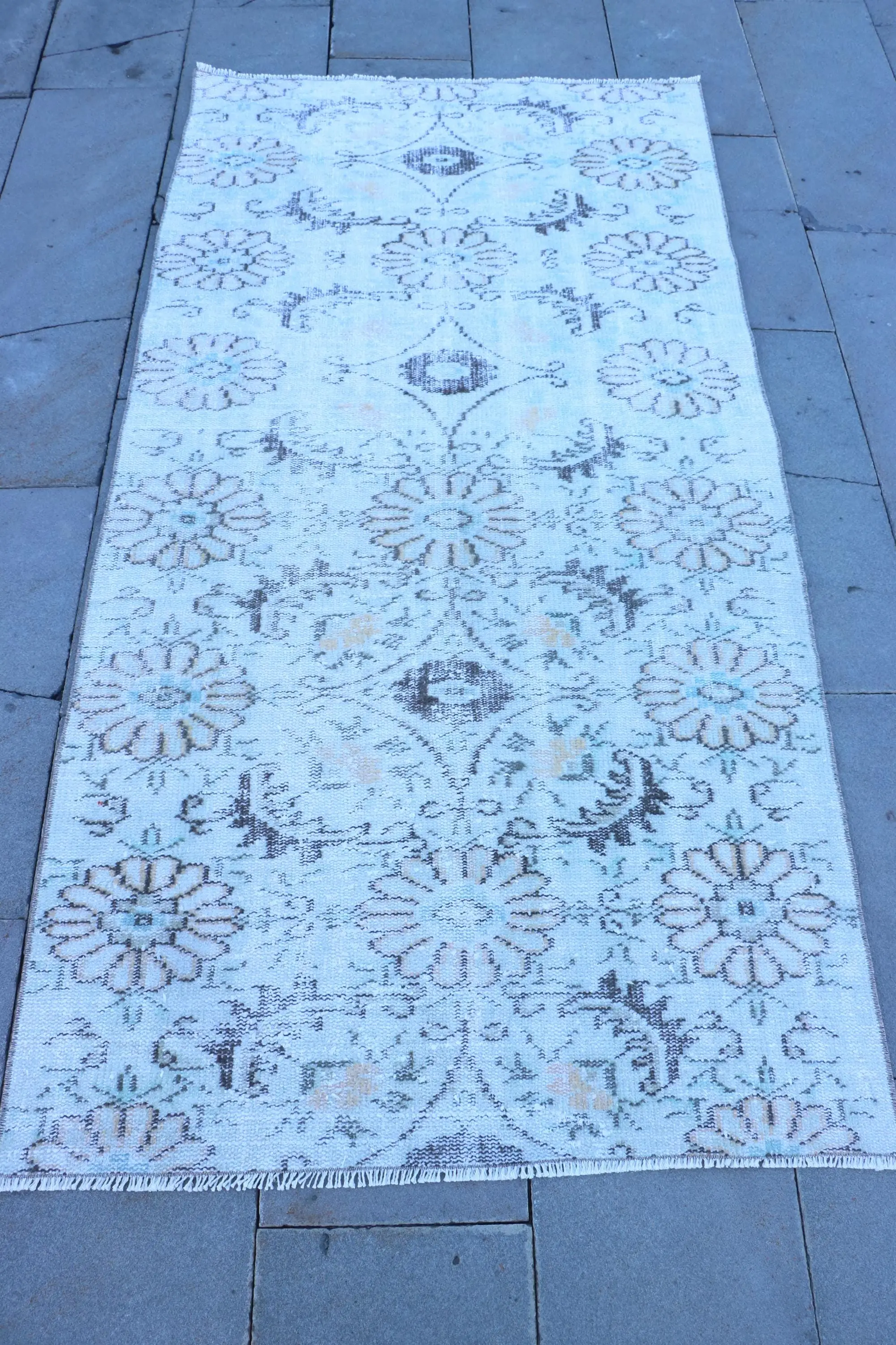 3.4x6.6 ft Vintage Accent Rug, Blue Gray Turkish Floral Wool Rug - 1