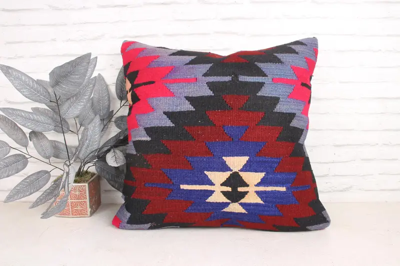 24x24 Pink Cushion Case, Knitted Cushion Case, Pillow Sham, Vintage Pillow, Turkish Kilim Pillow, Lounge Throw Cushion Case, Kilim Pillow Cover - 1