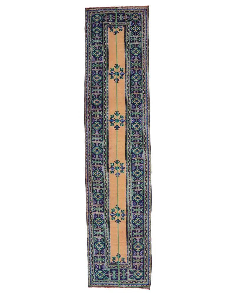 2.7x11.7 ft Rug, Turkish Vintage Rug, Blue Camouflage Wool Rug - 1