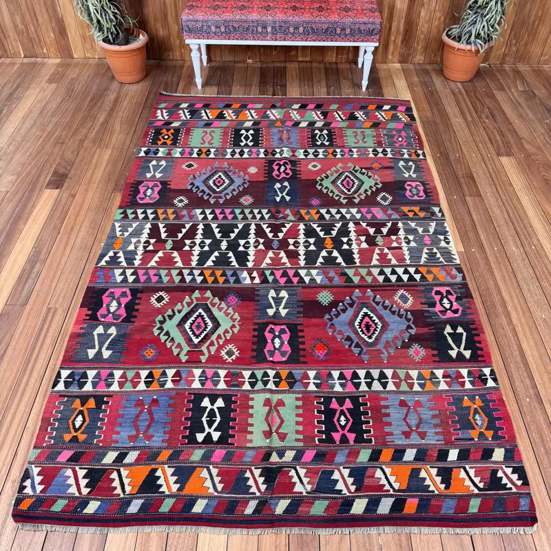 5.3x8.8 ft Vintage Halı, Türk Büyük Halı, Kırmızı Mavi Halı - 1
