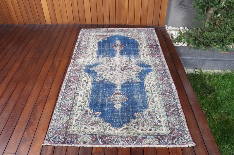 Türk Halısı, 3.7x6.2 ft Accent Halı, Mavi Fas Yün Vintage Halı - 1