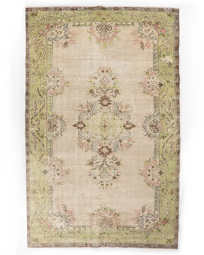Türkischer Vintage-Teppich, 200 x 316 cm, grün-brauner Oushak-Teppich - 1