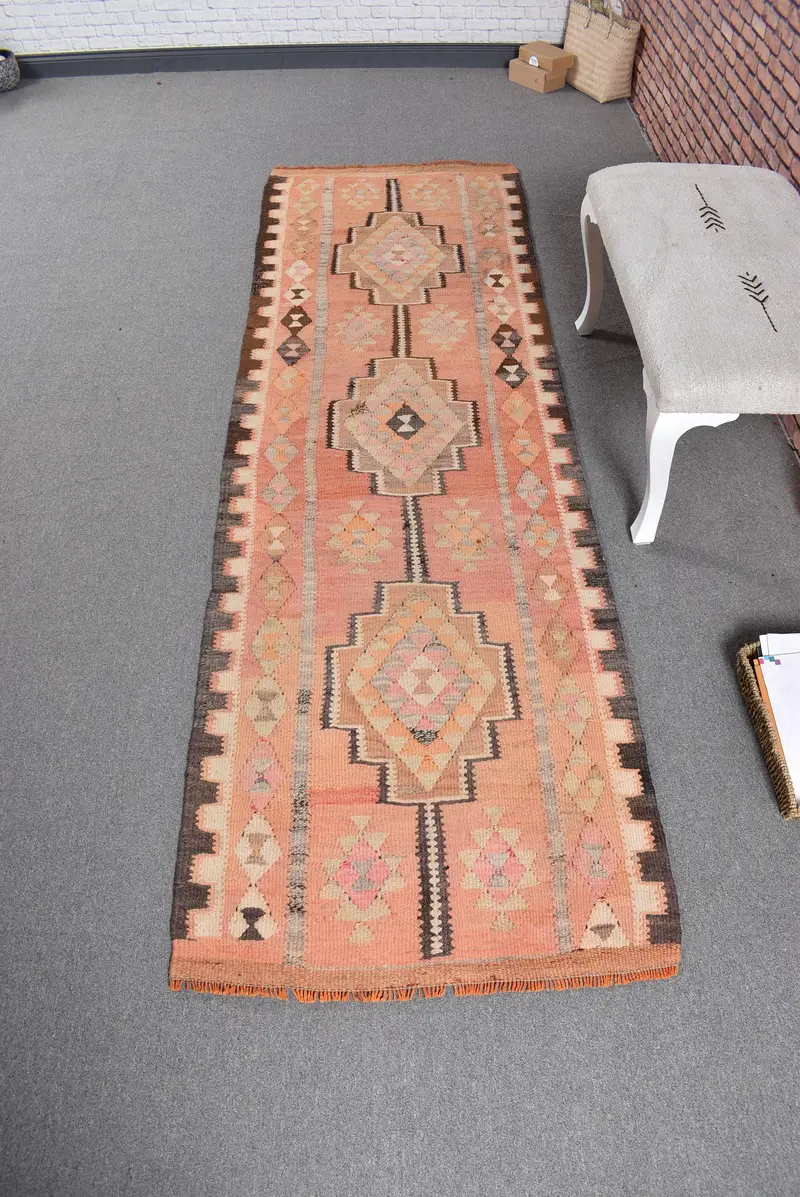 Turkish Rug, 2.8x9.2 ft Runner Rug, Orange Brown Kilim Wool Rug - 1