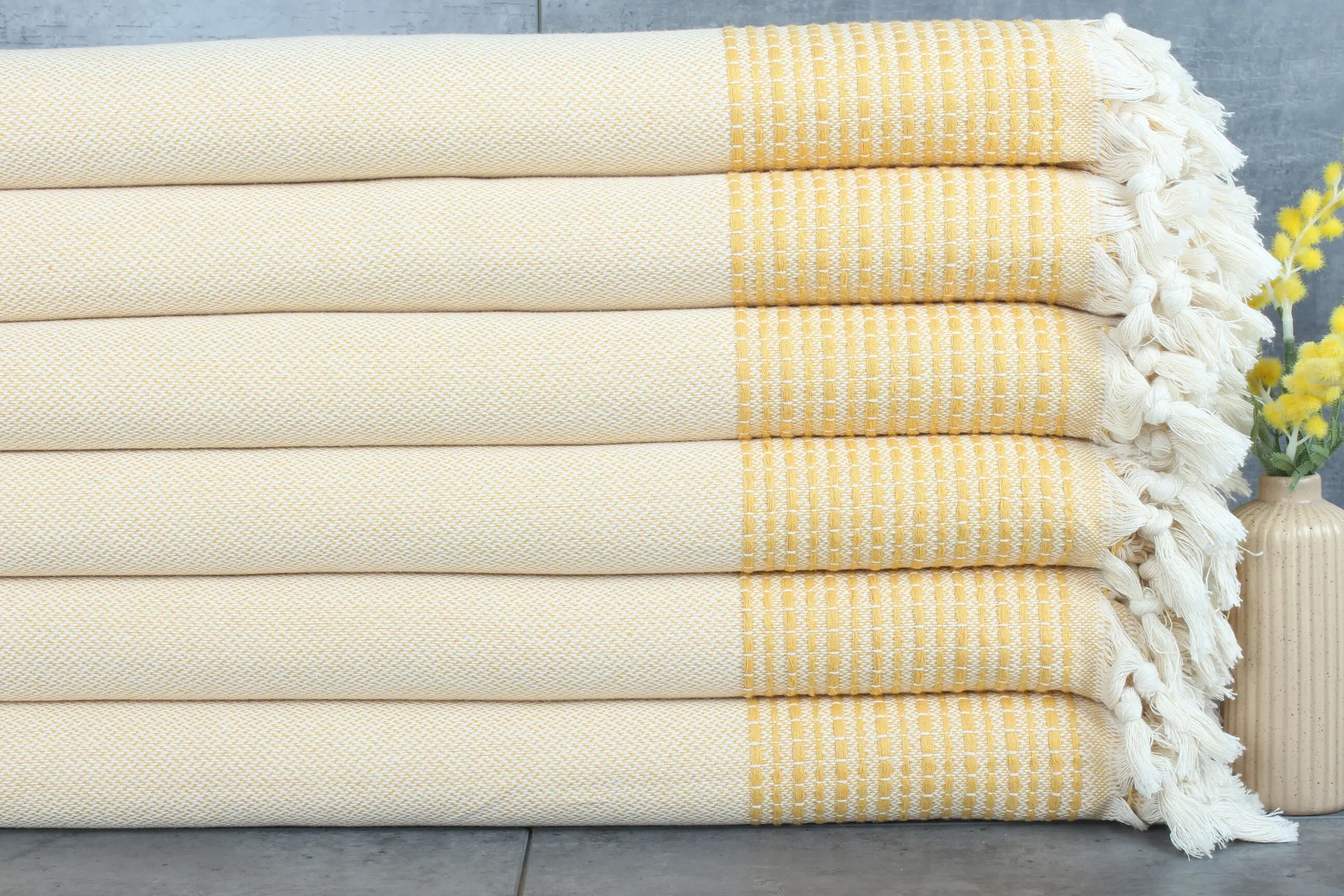Woven Blanket Striped Throw Mustard Cotton Floral Sashiko, 91x95 Inches - 1
