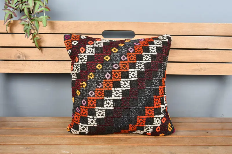 Sustainable Pillow Sham, 18x18 Orange Cushion Cover, Vintage Kilim Pillow, Pillow for Sofa, Gift Pillow, Designer Throw Pillow Sham, Cushion Case - 6