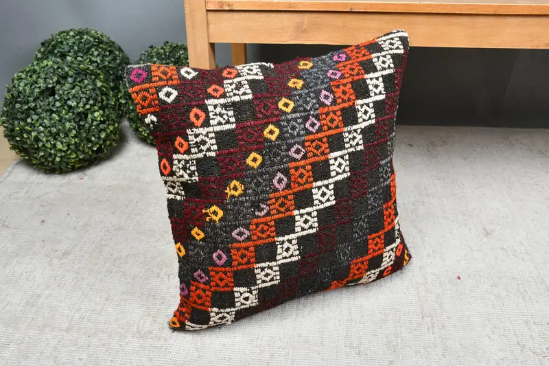 Sustainable Pillow Sham, 18x18 Orange Cushion Cover, Vintage Kilim Pillow, Pillow for Sofa, Gift Pillow, Designer Throw Pillow Sham, Cushion Case - 7