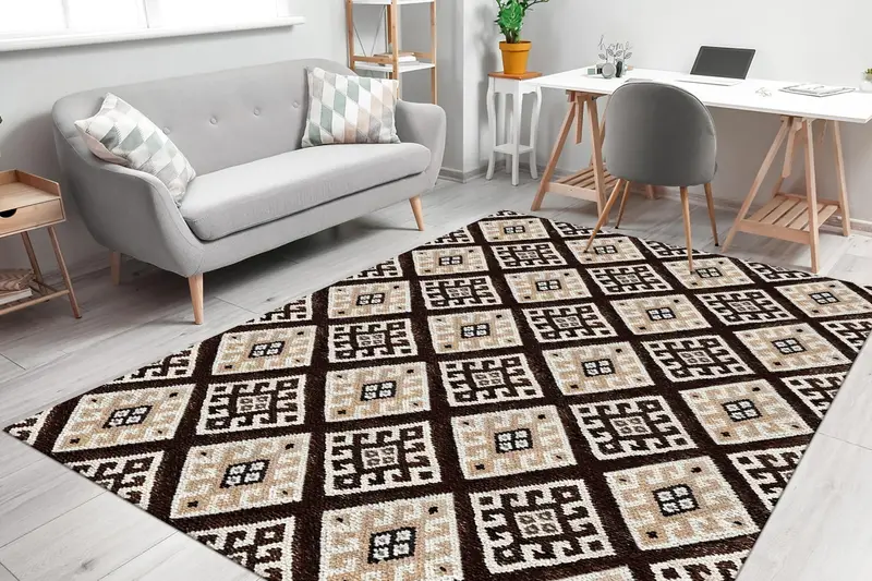 Eleganter bedruckter Teppich in Braun und Beige, geometrisches Vintage-Design