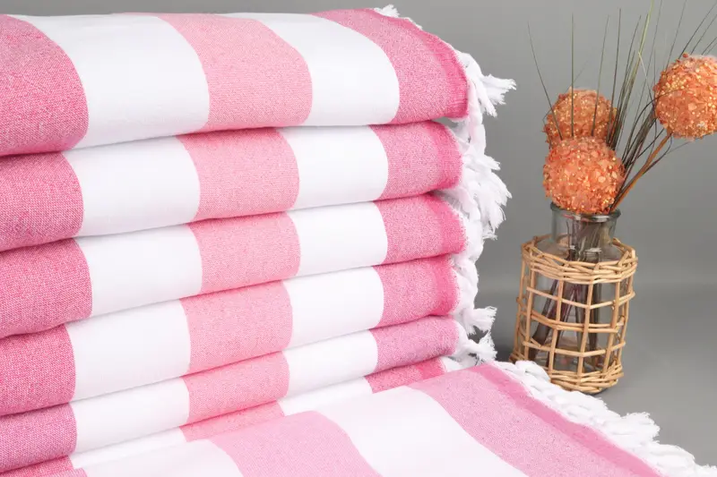 Organic Cotton Towel Fuchsia-White-Vermilion, Striped, 36x63 Inches