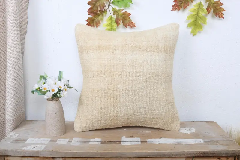 Vintage Kilim Pillow, Nautical Throw Cushion, Cushion, Cozy Throw Pillow Cover, 16x16 Beige Pillow Case, Pillow for Couch, Kilim Cushion Sham - 1