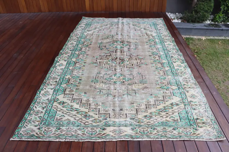 Vintage Türk Büyük Halı 6x9.7 ft, Mavi Beyaz Çizgili Yün Halı - 1