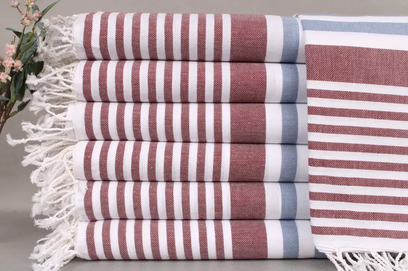 Embroidered Beach Towel Denim Blue-Burgundy Striped, 36x67 Inches