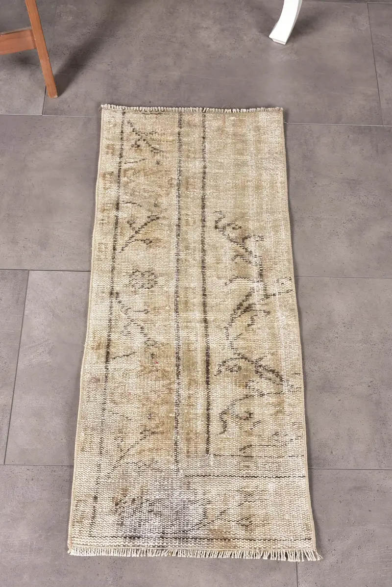 Türk Vintage Halısı 1.4x3.2 ft (43x98 cm), Oushak Kahverengi Yün Halı - 1
