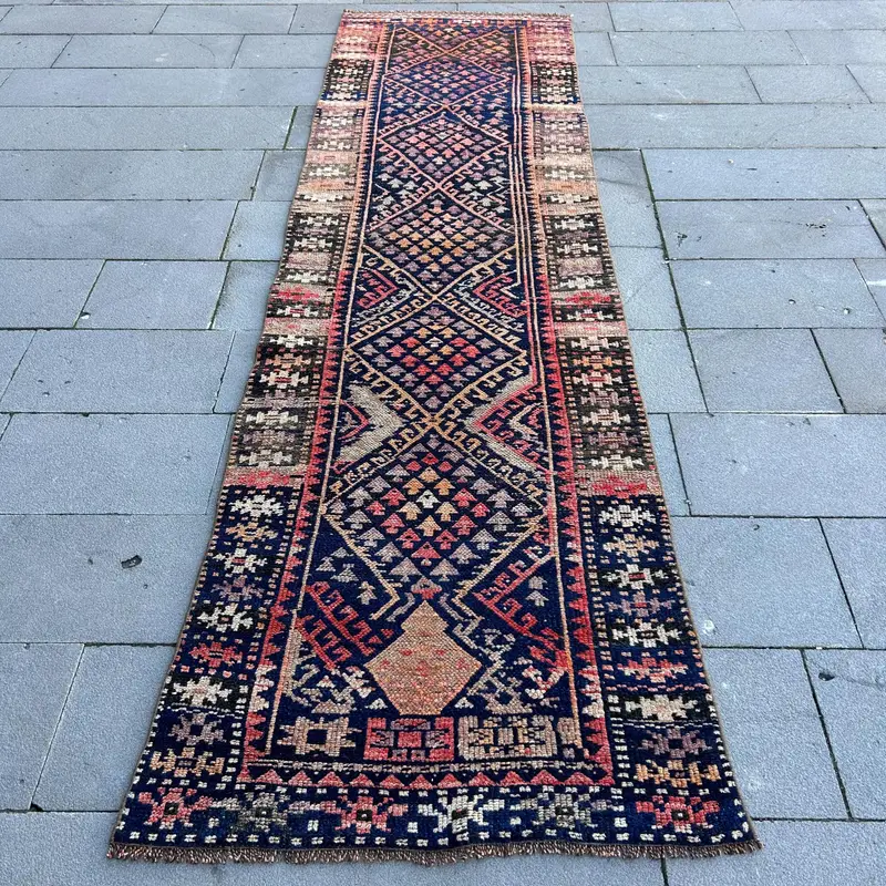 3.1x10.7 ft Rug, Turkish Vintage Rug, Blue Wool Rug - 1