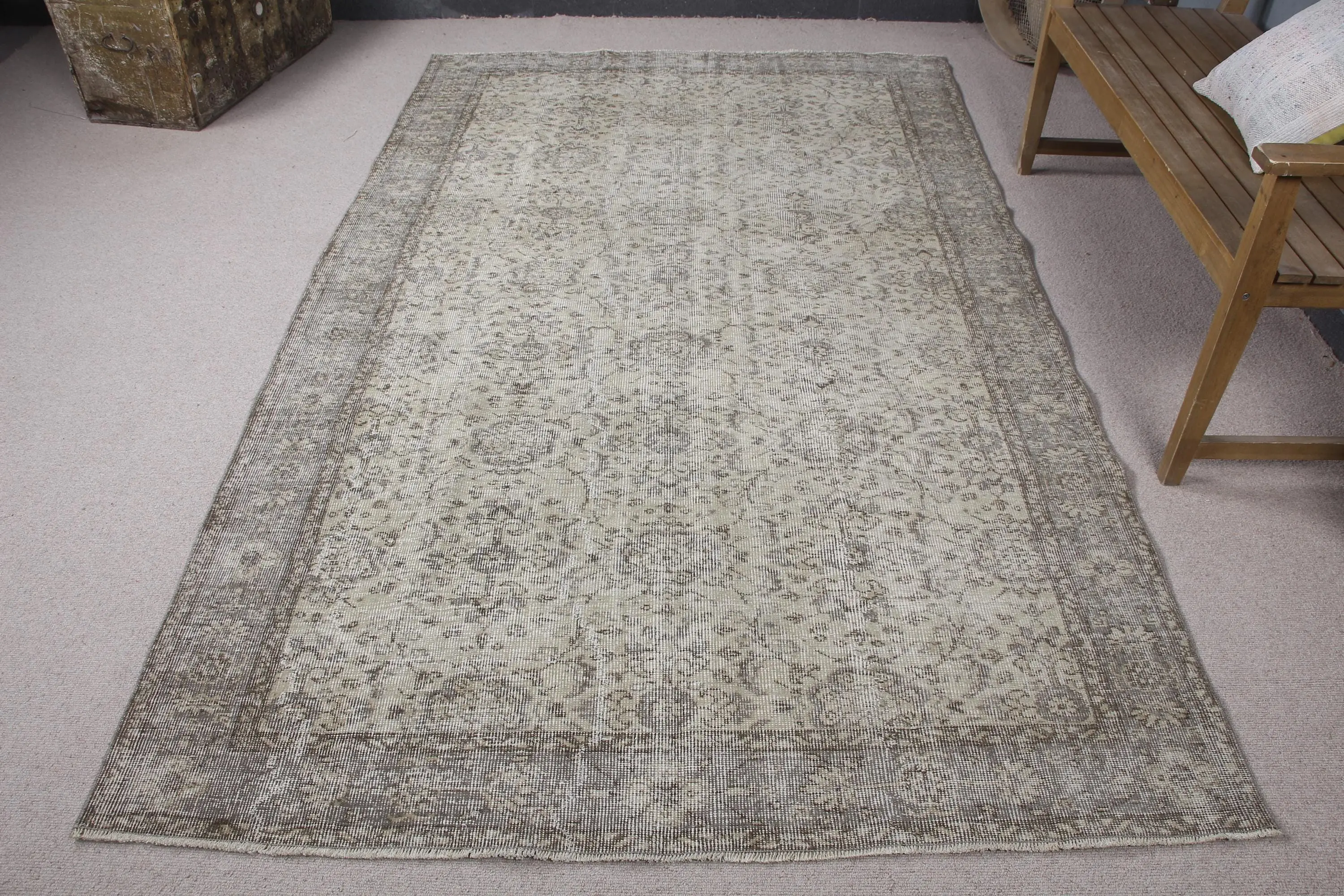 Türk 5.4x8.9 ft Halı, Vintage Halı, Gri Kareli Halı Yün - 1