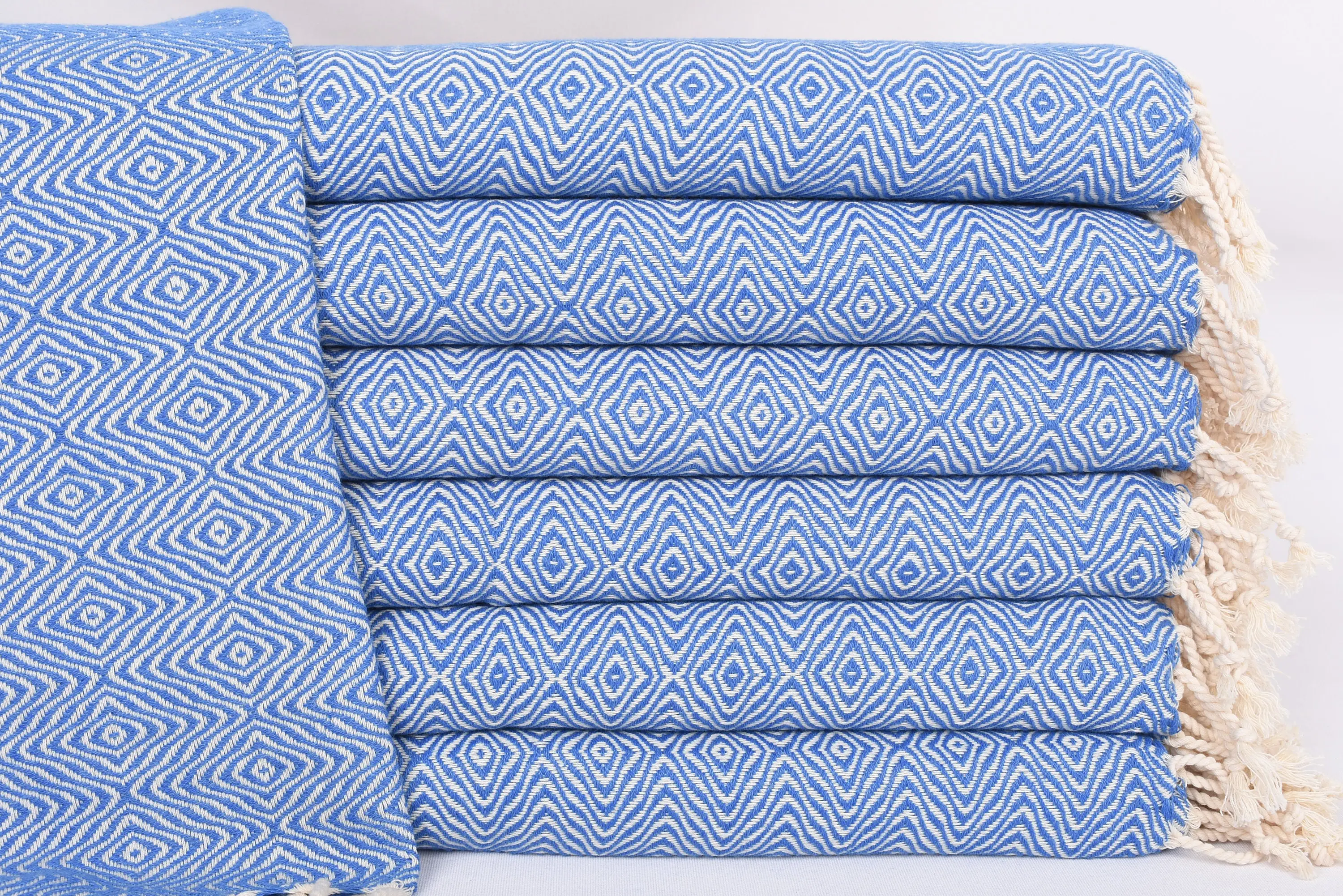 Turkish Hand Towel Organic Cotton Blue Zigzag Diamond, 36x18 Inches - 1