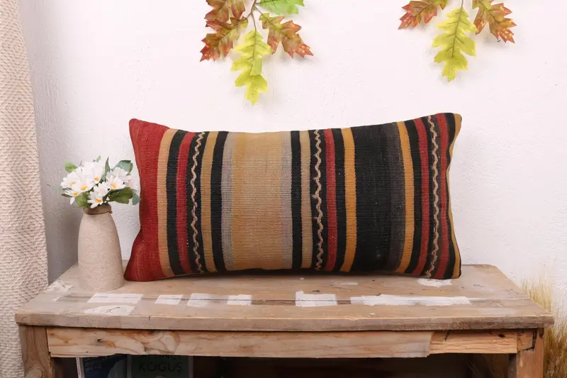 Kilim Cushion Sham, Kilim Pillow Cover, Cushion Cover, 12x24 Red Cushion, Oriental Pillow, Decorative Bolster Cushion Case, Boho Pillow - 1