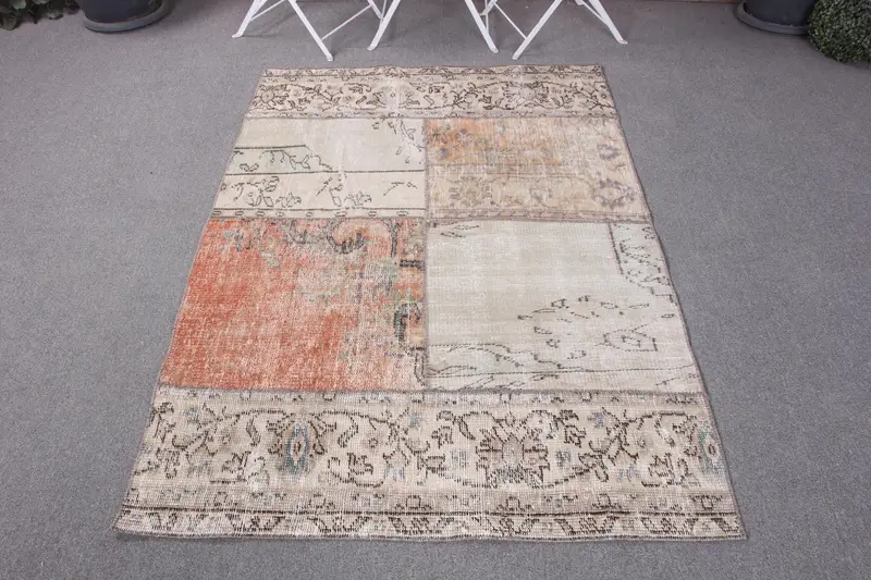 Handmade Beige Rug with Orange, 3,6x5,5 ft