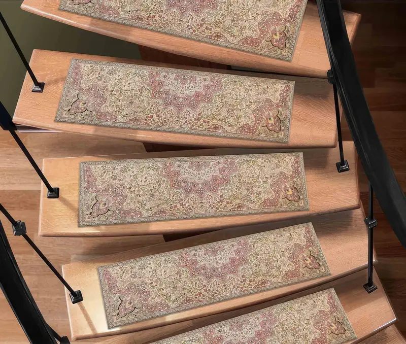 Pink Medallion Stair Rug, Soft Boho Printed Rug in Beige Tones