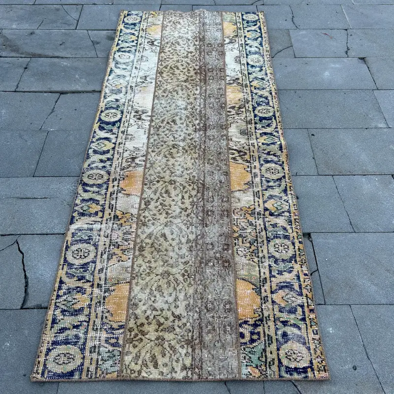 3,1x7,4 ft Oushak Teppich, türkischer Vintage Teppich, blau braun karierter Teppich - 1