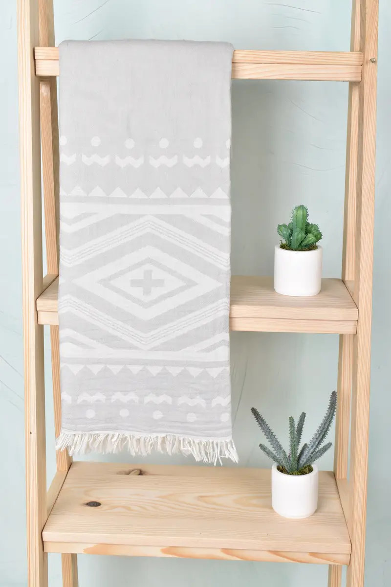 Wedding Gift Gray Boho Beach Towel Organic Cotton/Linen, 36x71 Inches